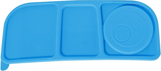 Blauw lunchbox-inzetstuk met drie vakken en ronde dop met gezicht-logo.