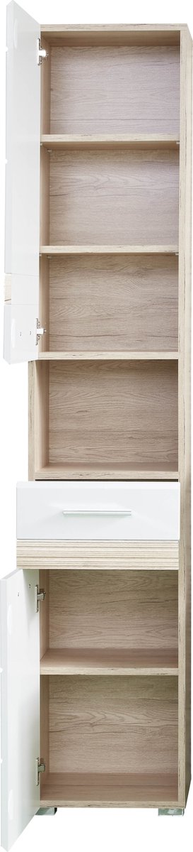 Kolomkast Set-One | 37 X 31 X 182 Cm | Licht-eiken Kleur - Trendteam - Badkamer Kolomkast - Wit; Hoogglans Wit - MDF