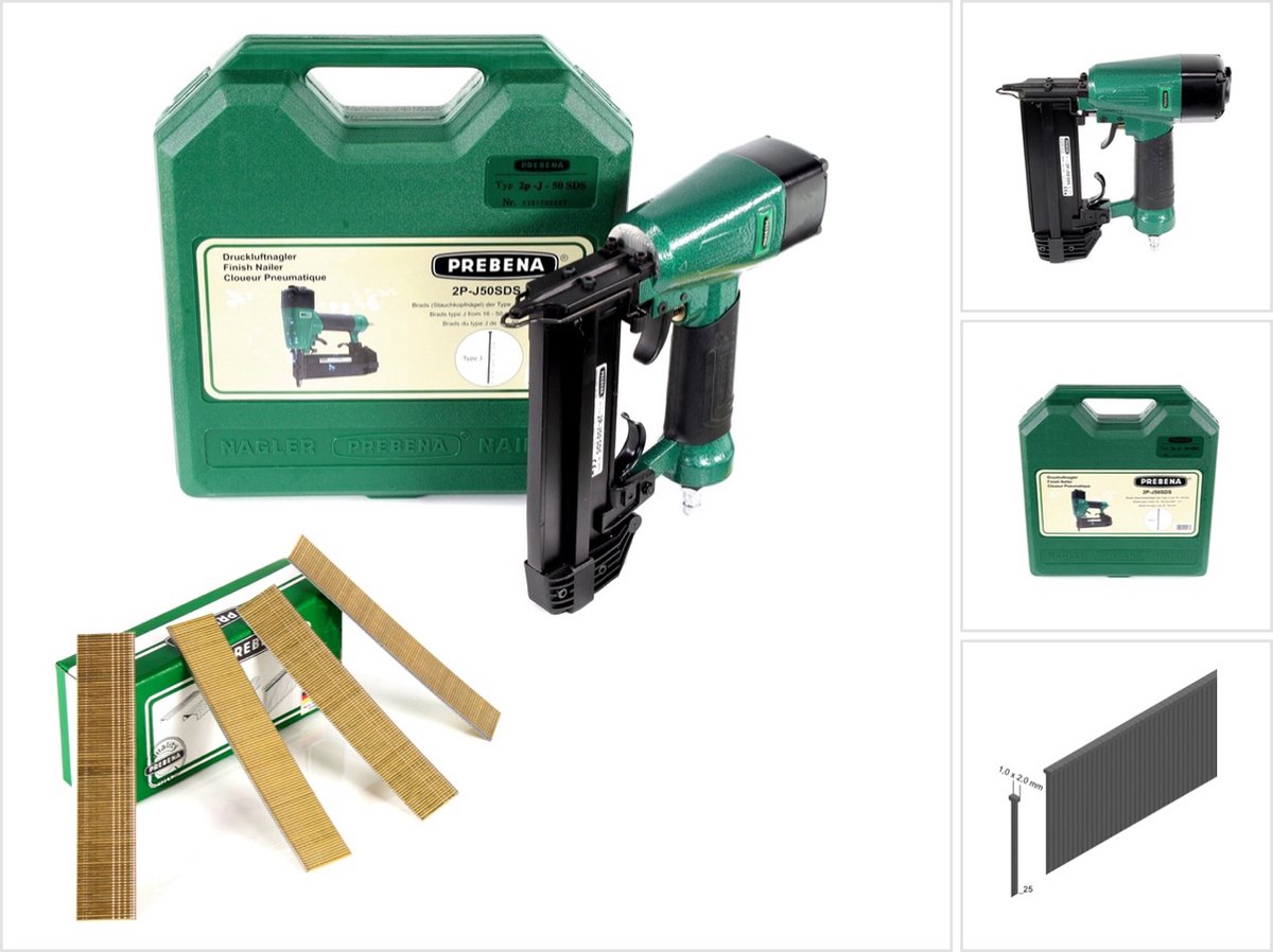Prebena 2P-J50SDS luchtdruk spijkermachine 5-7 bar in transportkoffer + Prebena kromkopspijkers brads 25 mm 5000 stuks - van verzinkt staal, met hars