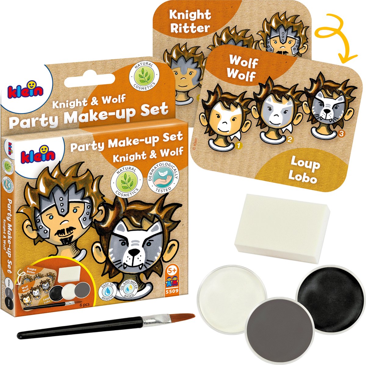 Klein Toys - schminkset 'ridder-wolf' - drie verftabletten in zwart, grijs en wit - gecertificeerd ISO 16128