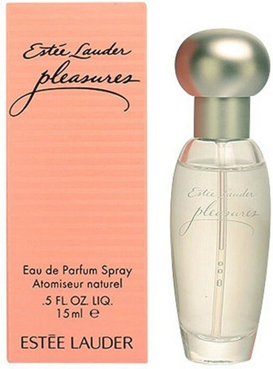 Estée Lauder Pleasures Eau de Parfum Spray 15ml met bijpassende roze gestreepte doos.