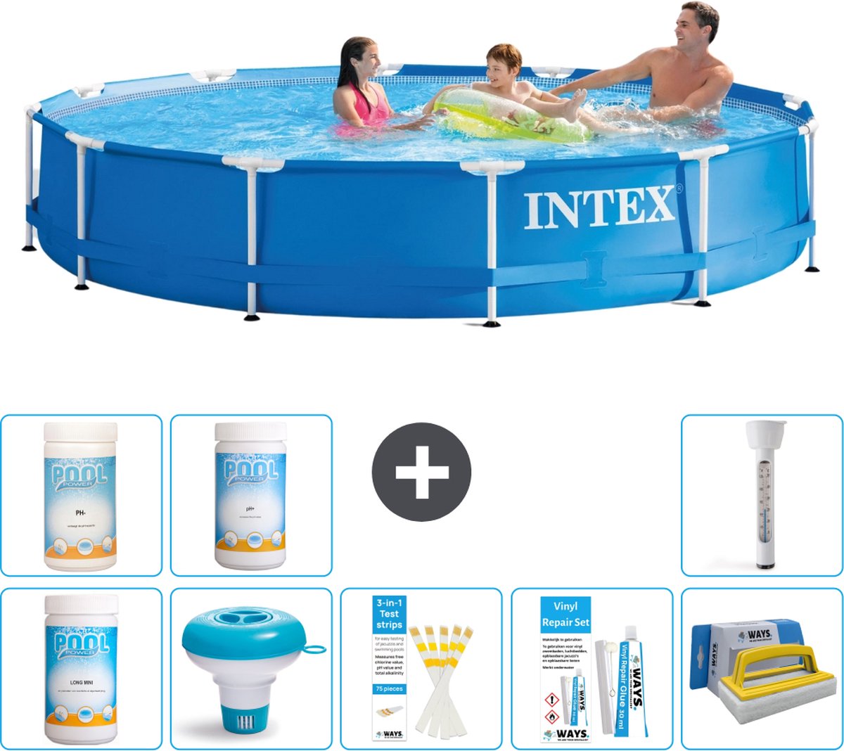 Intex Rond Frame Zwembad - 366 x 76 cm - Blauw - Inclusief Chloor - Chloordrijver - Testrips - Reparatiesetje - Scrubborstel - PH-waarde - PH-waarde - Thermometer