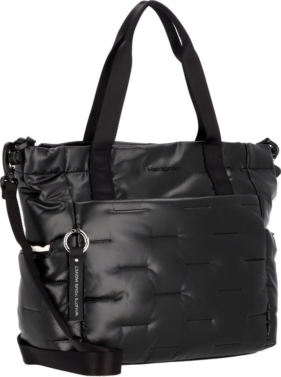 Zwarte Hedgren shopper met gewatteerd voorvak en hengsels. 'What's your move?' sleutelhanger.