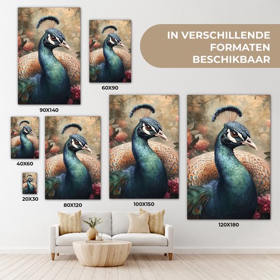 Tableau sur toile Paon - Vogel - Fleurs - Plantes - Plumes de Paon - 60x90 cm - Décoration murale