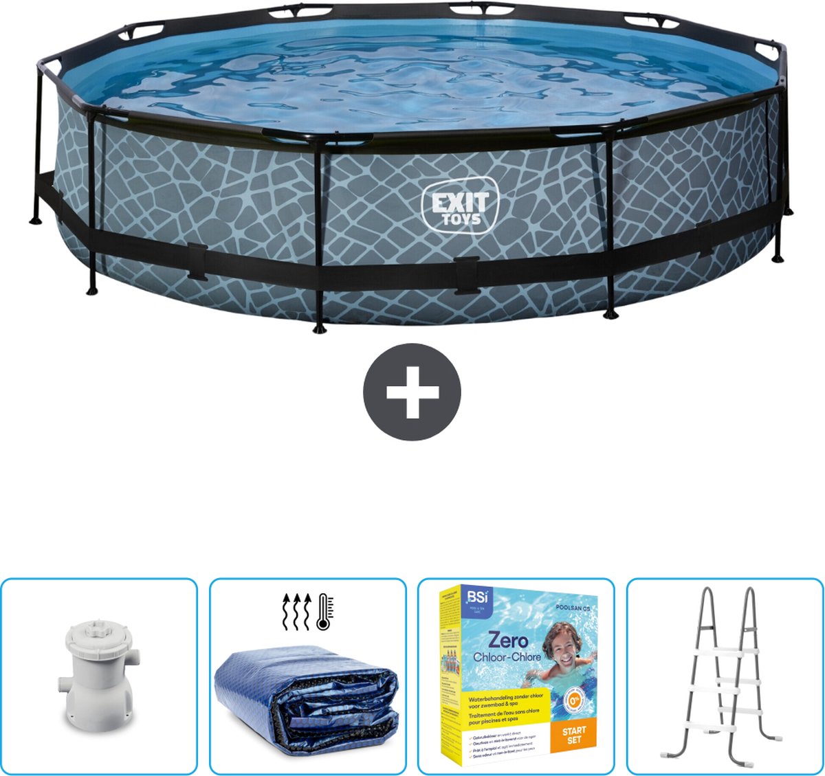 EXIT Rond Stone Frame Zwembad - 360 x 76 cm - Inclusief Pomp Solarzeil - Onderhoudspakket - Ladder - Nu extra voordelig