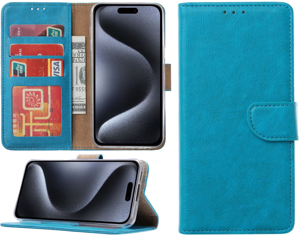 Hoesje geschikt voor iPhone 15 Pro Max - Bookcase - Pasjeshouder - Kunstleer - Blauw