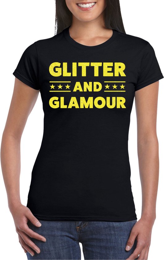 Bellatio Decorations Verkleed T-shirt dames - glitter and glamour - zwart - geel glitter - carnaval L