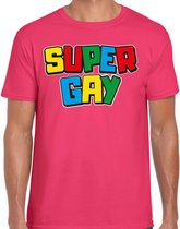 Bellatio Decorations Gay Pride T-shirt voor heren - super gay - fuchsia - pride - regenboog - LHBTI M