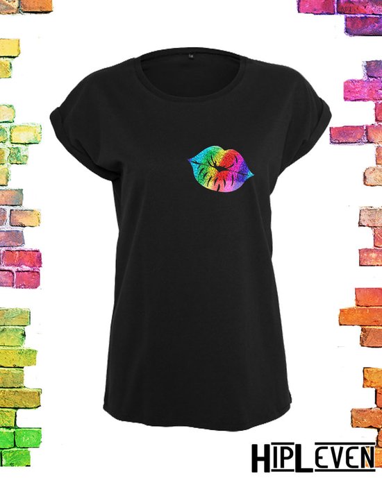 zwart shirt met print GAY PRIDE glitter kus | zwart / XL (42-44)