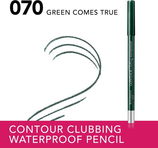 Groen contour potlood met zilveren punt, met applicator en swatch. "070 GREEN COMES TRUE"
