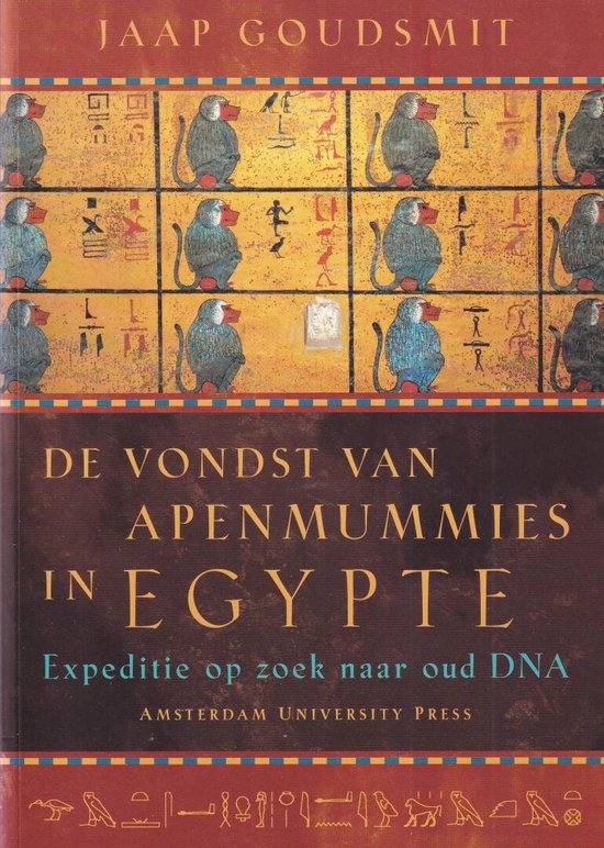 Boek 'De vondst van apenmummies in Egypte' met op de kaft een patroon van mummie-apen en hiërogliefen.