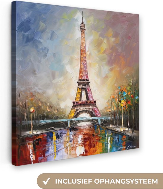 MuchoWow© Canvas Schilderij 60x80 cm Kamer Decoratie Woonkamer Slaapkamer Room Decor Wanddecoratie Wall Art Painting Liggende zwart wit foto van Parijs met een auto - zwart wit