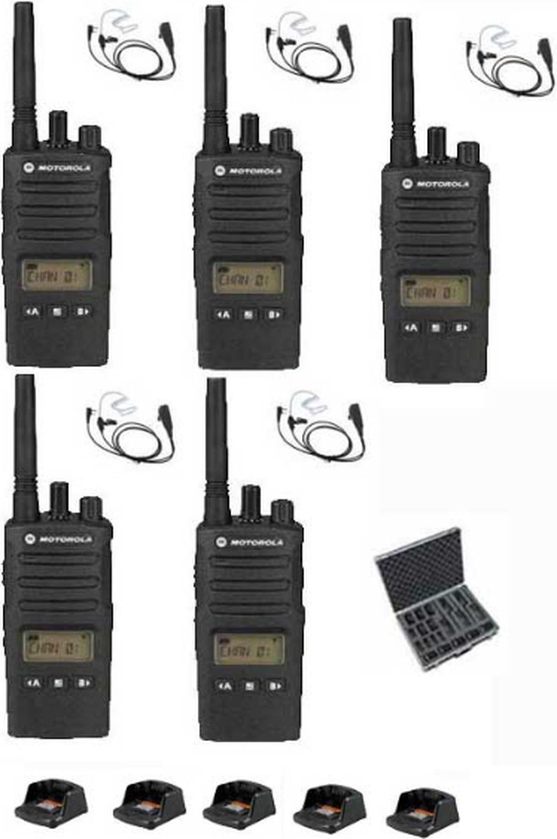 Set van 5 Motorola XT460 IP55 PMR446 met koffer, beveiliging oortje M1 en tafellader