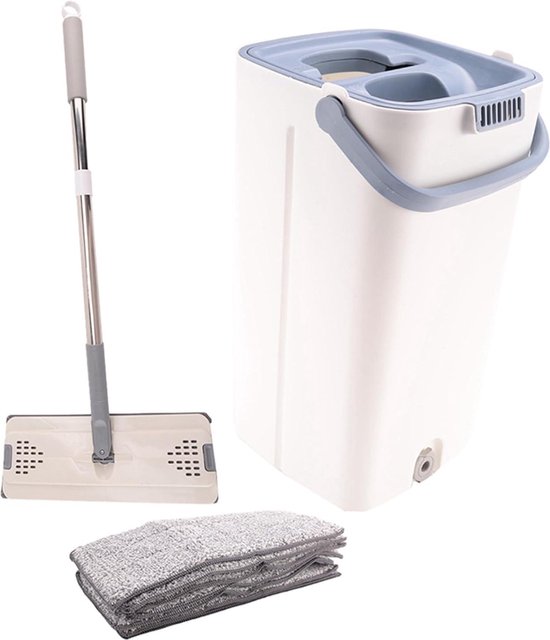 BOSHENG Mop en emmer met wringer set, platte vloer dweil en emmer, met 3 microfiber dweilen voor vloerreiniging, nat en droog gebruik voor huishoudelijke reiniging