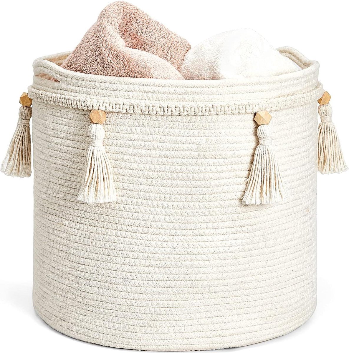 Goedkoopste Decoratieve katoenen touwmand van macramé met kwastjes - opbergdoos voor kinderkamer speelgoed - woonkamer slaapkamer - 38 cm