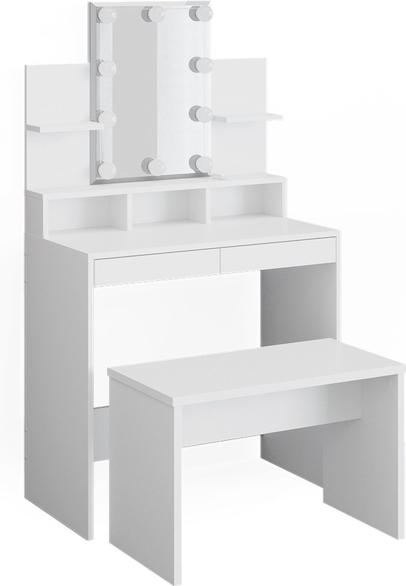 Vicco Kaptafel set met kruk Ania, Wit, 80 cm met spiegel, LED-lichtslinger en bank