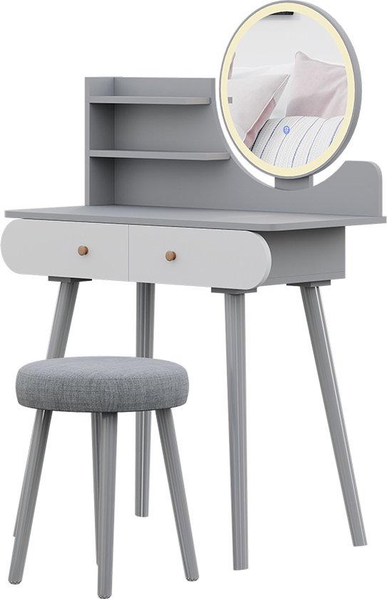 Coiffeuse Grace Blanche Avec Miroir LED Et Tabouret - Vicco - Moderne - 2 Tiroirs