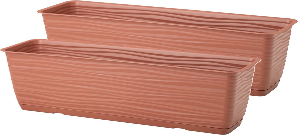 Form Plastic Plantenbak Balustrade - 2x - kunststof - terracotta - L60 x B17 x H14 cm - met opvang schotel - rechthoek - balkon bakken - bloembakken