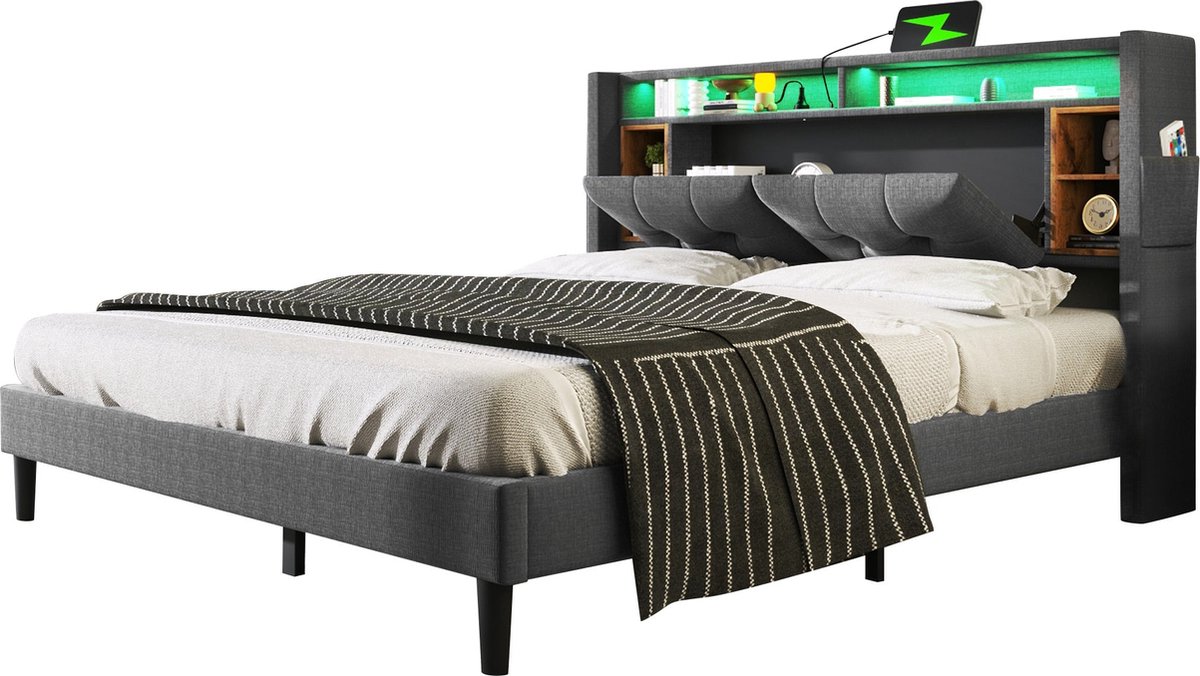 Merax Gestoffeerd Bed 140x200 cm - Met Opbergruimte Hoofdeinde - USB Oplaadfunctie en LED Verlichting - Houten Lattenbodem - Grijs
