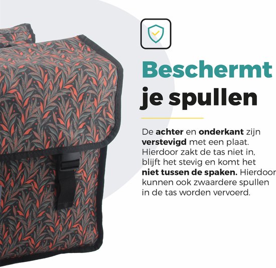 Voltano Dubbele Fietstas Crimson Leaf - Zwarte Met Grijze Bloemen - 38 Liter - 100% Waterdicht Polyester - Vrolijke Fietstassen van Voltano — afbeelding 2