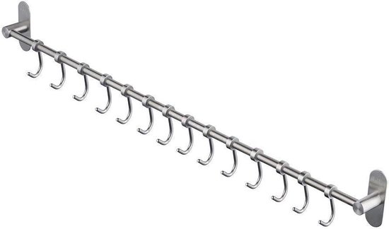 Kelelife Keukengerei Ophangrek met 12 Uitneembare Haken Spijkervrij, Roestvrijstalen Wandgemonteerde Kapstok Hoedenrek Keukengereedschap Haken Hangers voor Keuken of Badkamer Geborsteld Nikkel