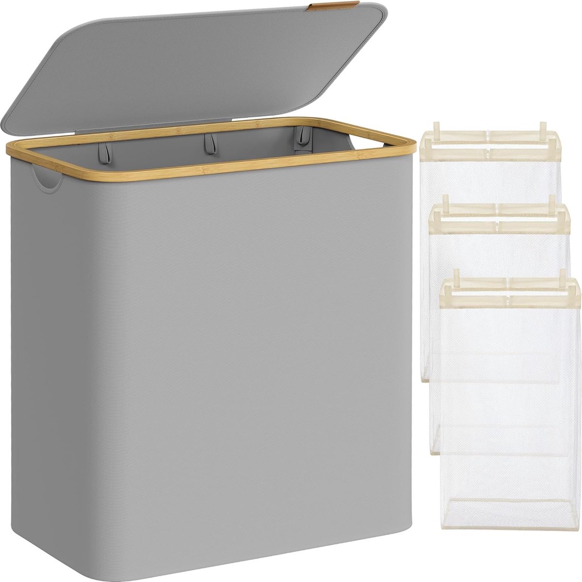 FurnStar - Wasmand met deksel - Wasverzamelaar met 3 vakken - 130 Lt - Uitneembare waszak - Oxford-weefsel - Handgrepen van bamboe - Inklapbaar - 60 x 38,5 x 70,5 cm - duifgrijs