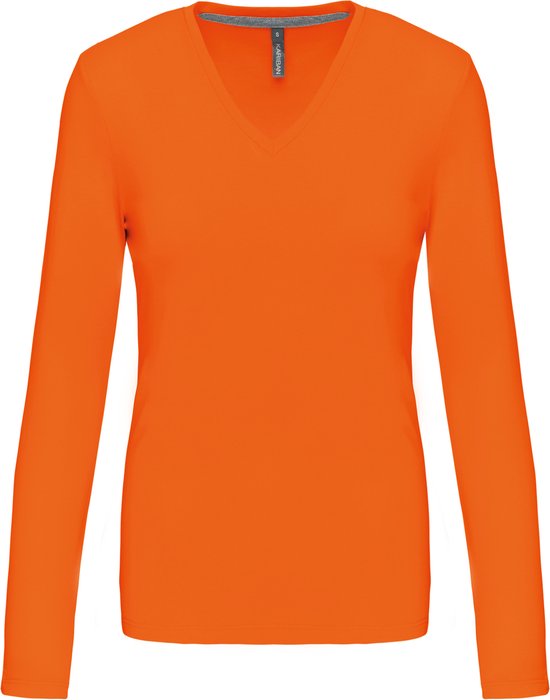 T-shirt Femme XXL Kariban Col V Manches Longues Orange 100% Katoen