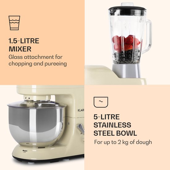 Klarstein Knetmaschine Küchenmaschine mit Fleischwolf, 2000W Teigmaschine Klein, 6 Stufen, Schneebesen Rühr- & Knethaken, Planetenrührwerk, Rührmaschine mit Mixer, Küchenmaschinen mit 5L Schüssel van Merkloos — afbeelding 4