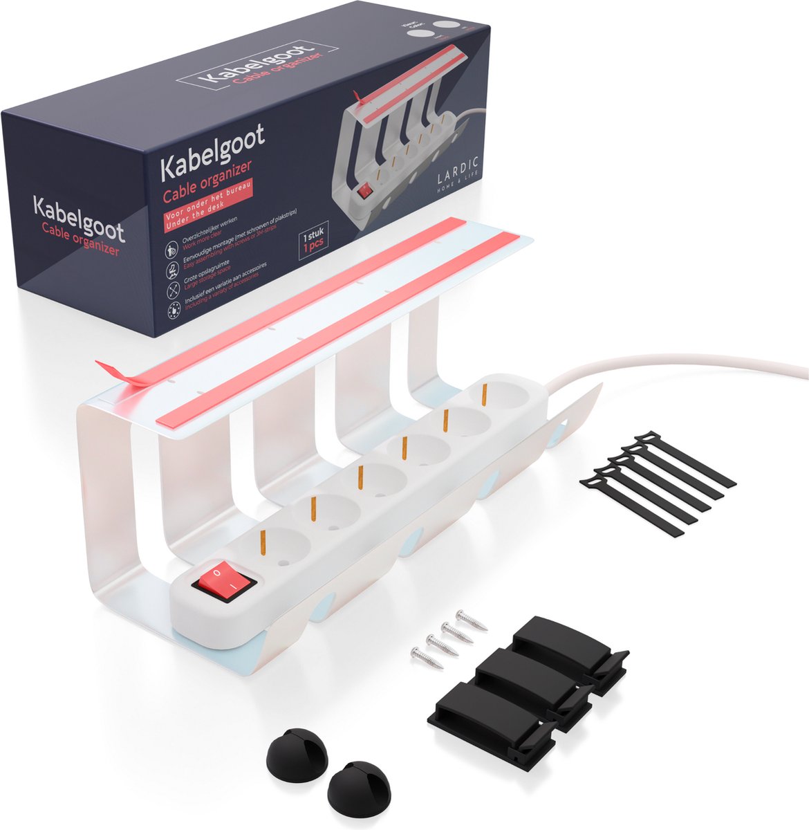 Lardic Metalen Kabel organiser Onder Bureau - Kabelgoot - Kabelbox - Cable management - Opbergbox stekkerdoos - Zelfklevend met 3M strips - Inclusief accessoires - 1 x 40cm - Wit