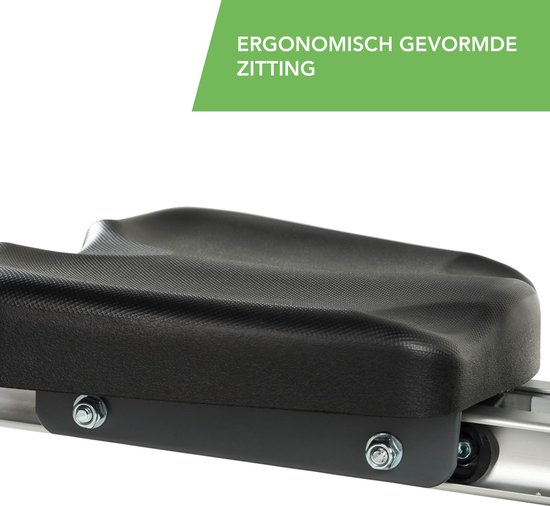 Zwart, ergonomisch gevormde zitting van een roeitrainer.