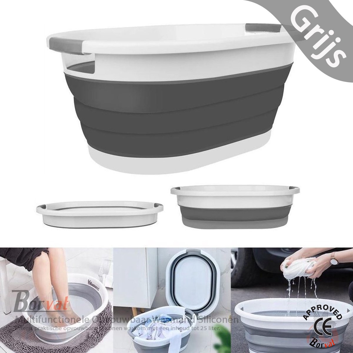 Goedkoopste Borvat® - Multifunctionele Opvouwbaar Wasmand Siliconen - Ruimtebesparende Wasemmer - 25 Liter - Grijs