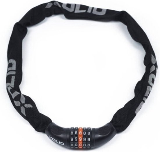 Antivol chaîne noir Xolid avec un cadenas à combinaison à 5 chiffres. L'antivol mesure 90 cm.