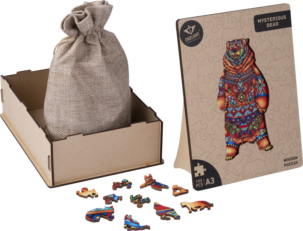 Houten Puzzel Beer – 193 Unieke Puzzelstukjes – A3 Formaat Grote Houten Legpuzzel – Dieren Puzzelspel – Uitdagend Denkspel – Inclusief Opbergetui – Engelhart — afbeelding 11