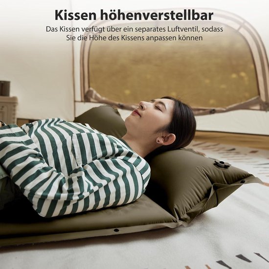 Ultralichte zelfopblazende slaapmat met hoofdkussen - comfortabel en draagbaar voor outdoor camping en reizen - 6 cm hoog (legergroen) van Merkloos — afbeelding 2