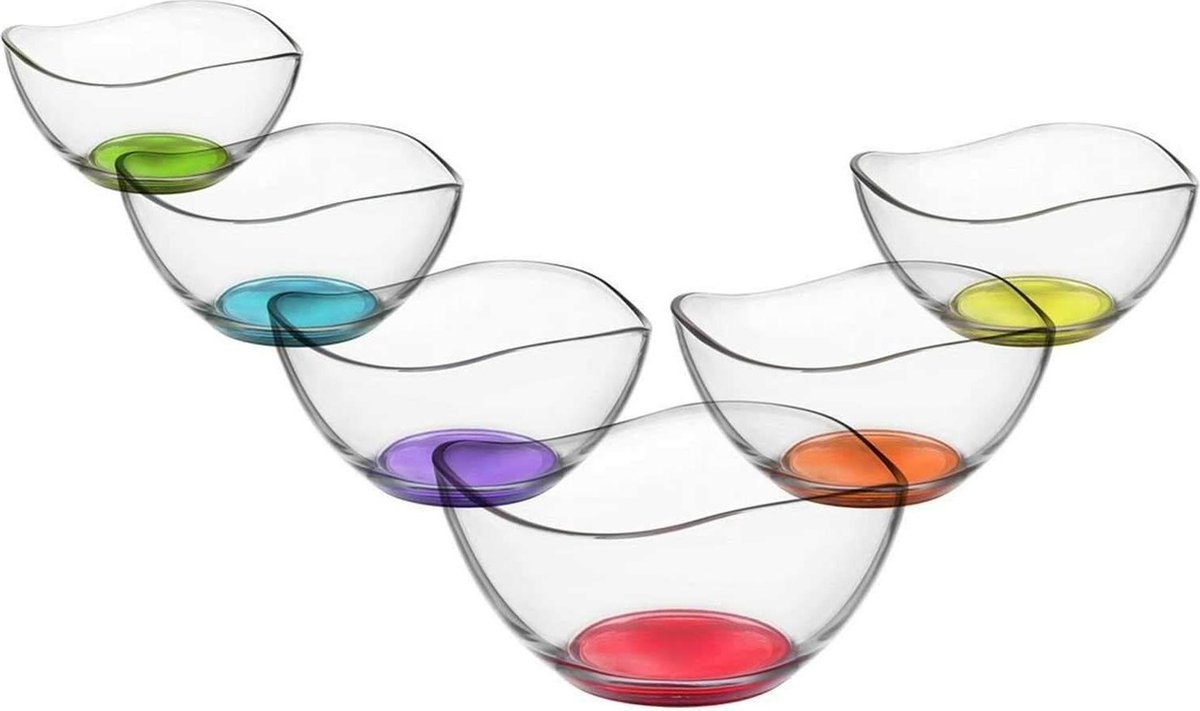6-delige glazen schaal set met gekleurde basis - gerechten glazen schotel - dessertkom gekleurde glazen kom - starter glazen - 310ml