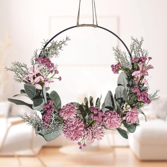 Deurkrans decoratie - kunstdeurkrans decoratie, deurkrans kunstbloemen | metalen ring bruiloft bloemendecoratie, huisdeurkrans eucalyptuskrans huisdeurdecoratie, hanger paaskrans bloemenwanddecoratie
