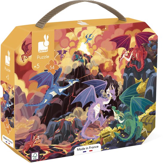 Boîte de puzzle Janod avec une illustration de dragons volants aux couleurs flamboyantes, incluant vert, violet, bleu et rouge.