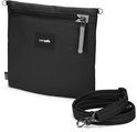 Zwarte Pacsafe crossbody tas met open ritsvak en losse schouderband.