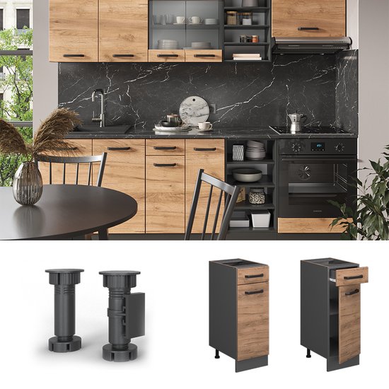 Vicco R- Line Cuisine Meuble bas de cuisine – 30 cm, WB Anthracite Chêne doré puissant, WB Anthracite