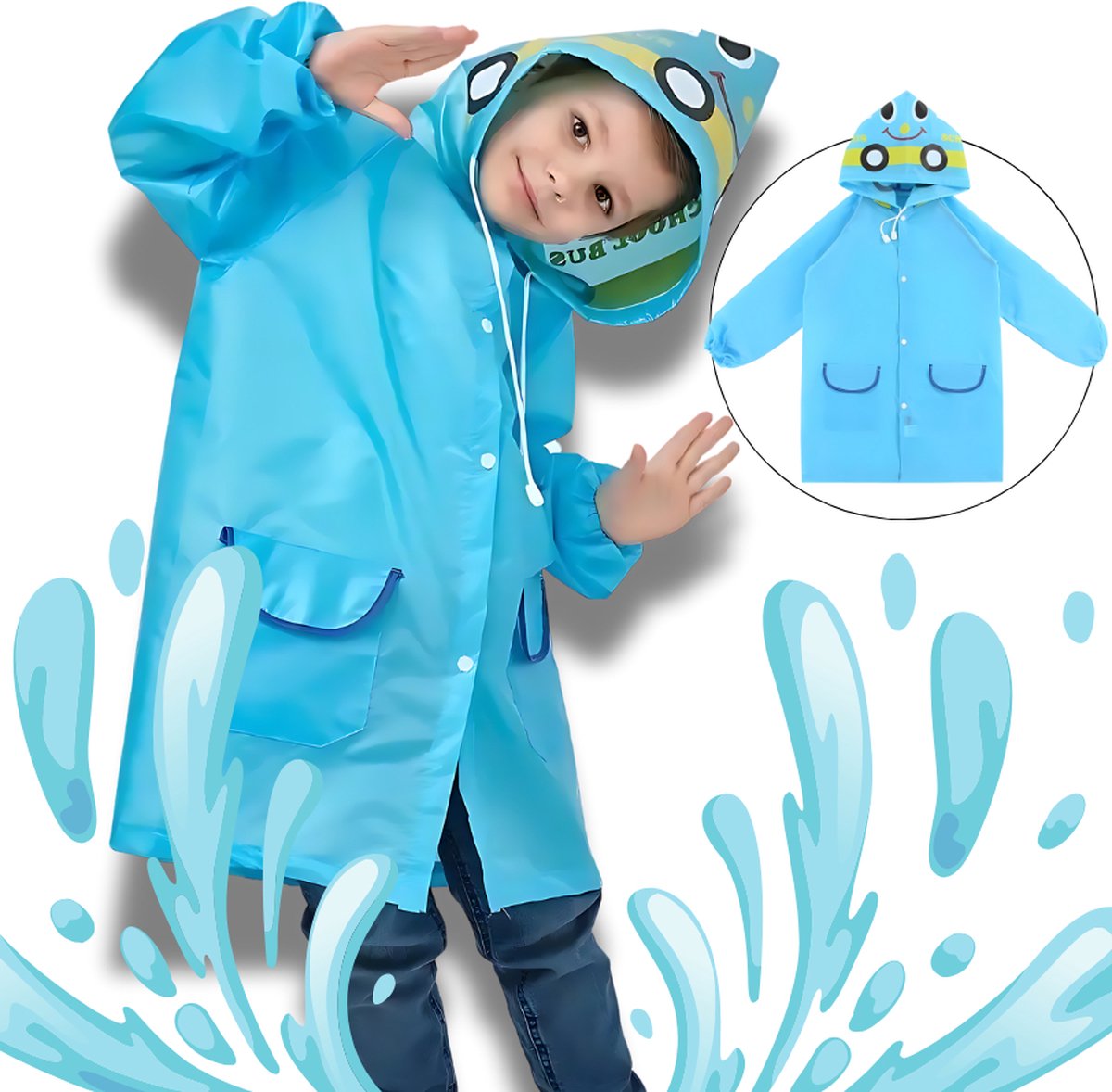 BoefieBoef Blije Bus Regenjas Regenponcho Peuter & Kleuter 2-6 Jaar (maat 120) – Waterdichte Kinderregenjas met Capuchon – Lichtgewicht jas Regenpak Fietsen Buiten Spelen – Regen - Knutseljas - jas - cadeau jongens en meisjes - blauw car rain