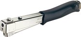 Zilveren hamertacker met een zwarte, ergonomische anti-slip handgreep. Zilveren metalen voor- en achterkant met schroeven.