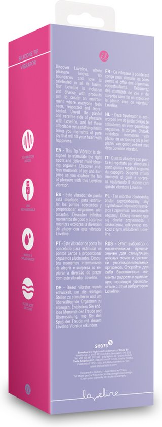 De paarse doos toont meertalige productinformatie en het Loveline by Shots logo.