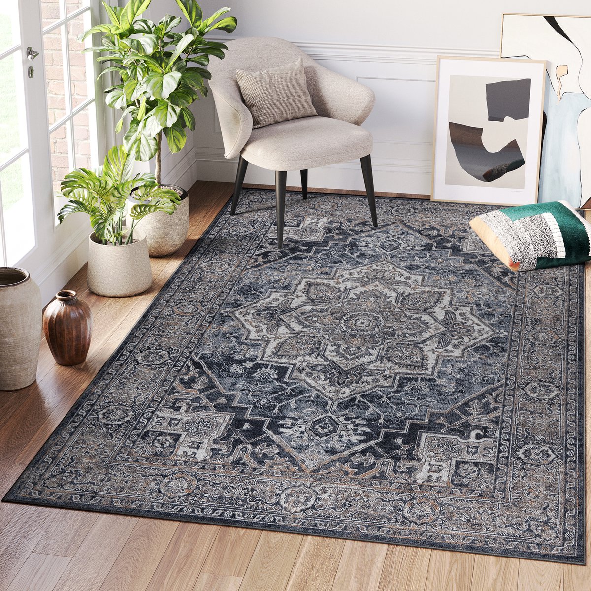Tapiso Ritz Vloerkleed Donkergrijs Katoen Antislip Vintage Woonkamer Tapijt Maat- 160x220