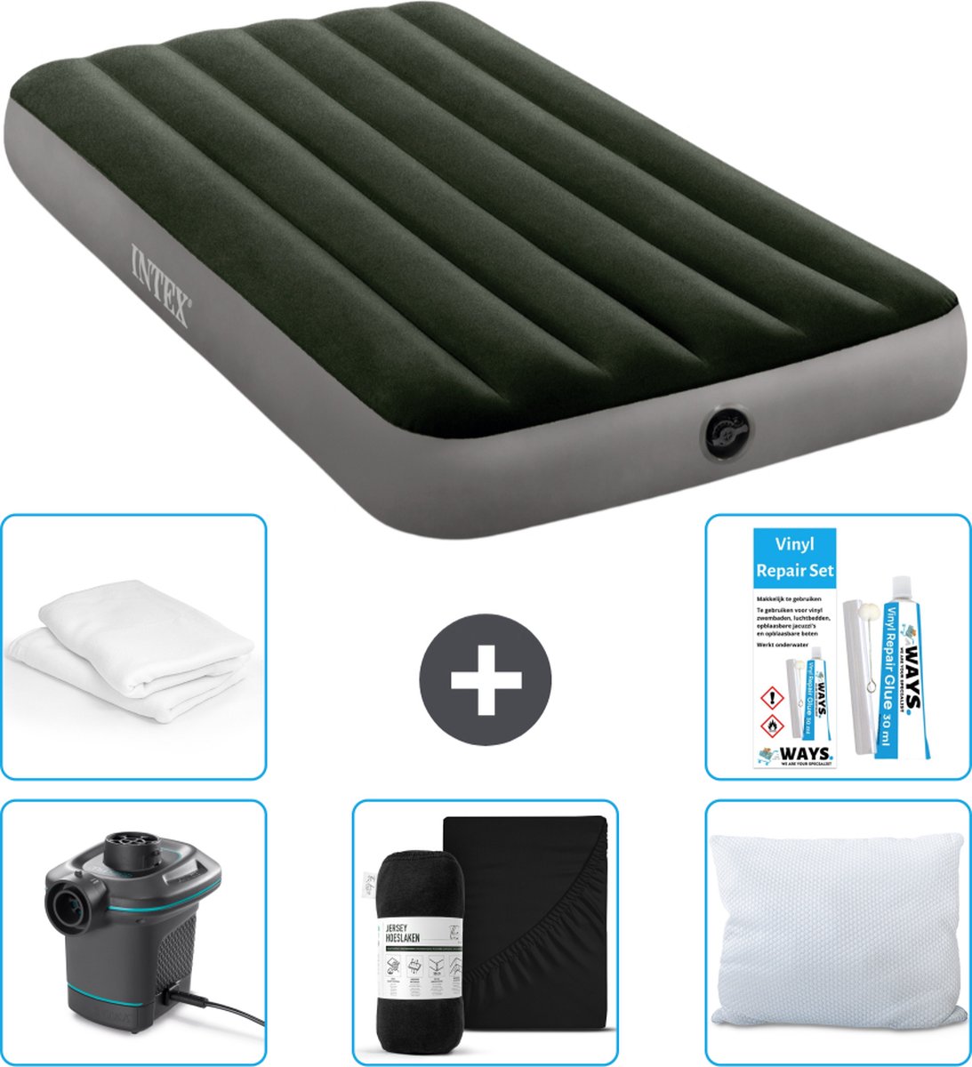 Intex Luchtbedset Intex Luchtbed - 1-Persoons - 99 x 191 x 25 cm - Groen + Intex Elektrische Pomp - 650 Liter/min + Hoeslaken Zwart + Kussen + Molton 2 in 1 Kussenslopen + Reparatieset