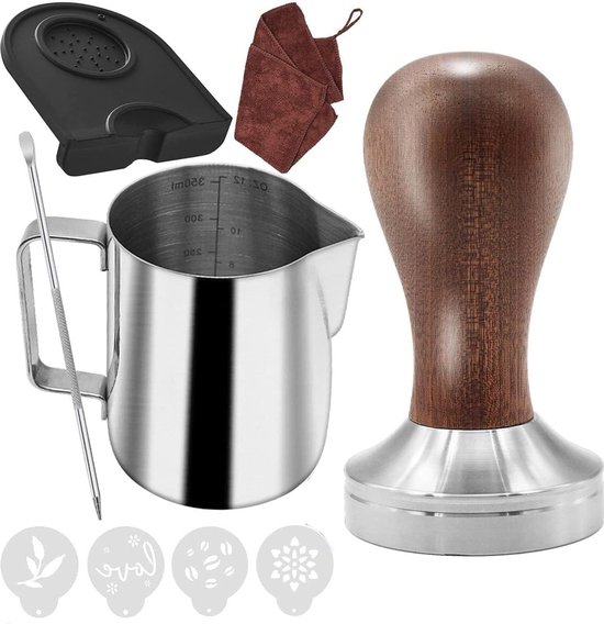 Kit Barista de doseur à Café 51 mm pour machine à portafilter - Tamper à expresso en bois - Tapis de bourrage - Pot à lait 350 ml - Serviette Barista - Stylo Latte Art - Pochoirs décoratifs Porte- Coffee
