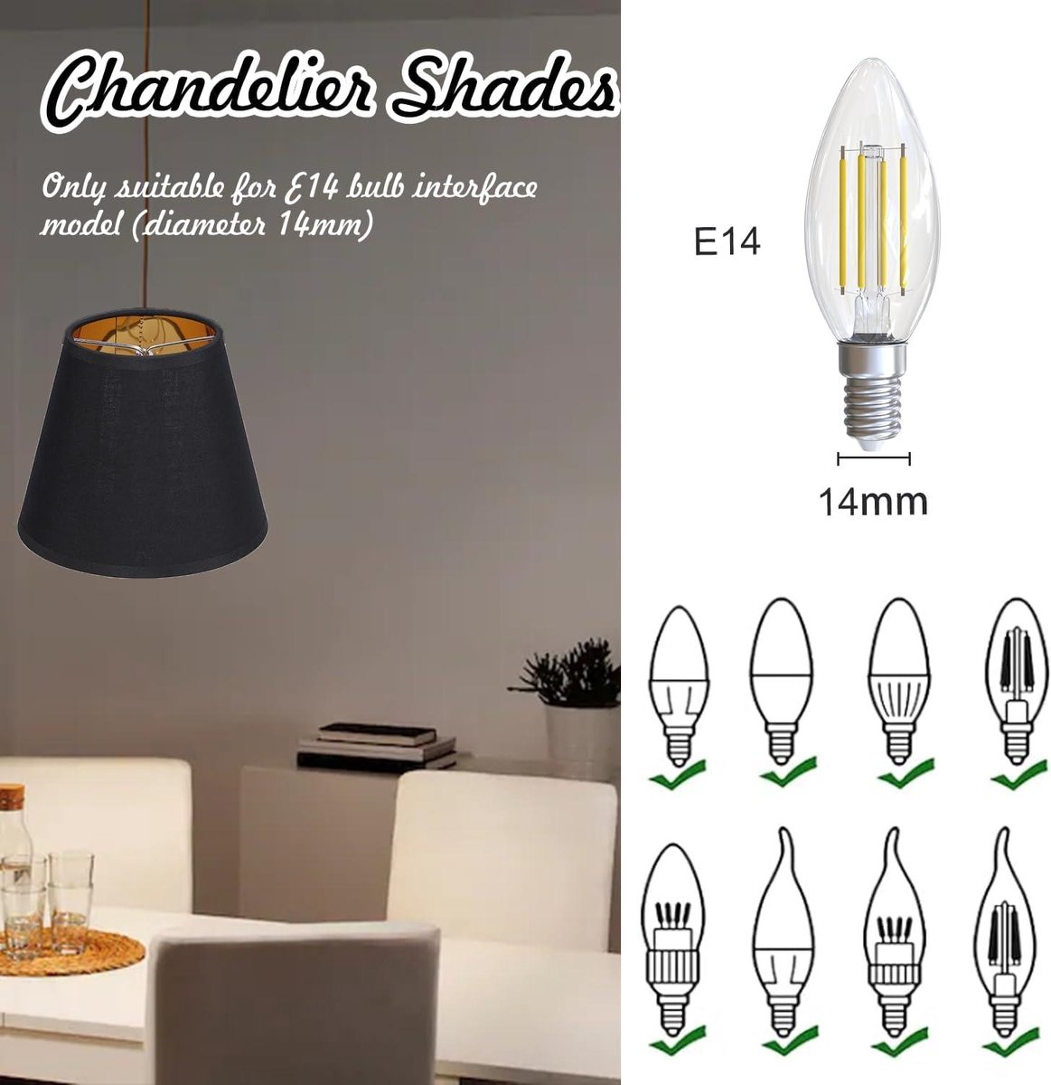 Set De 2 Abat-jour Navaris - Noir Extérieur / Or Intérieur - Pour Douille E14 - Neuf