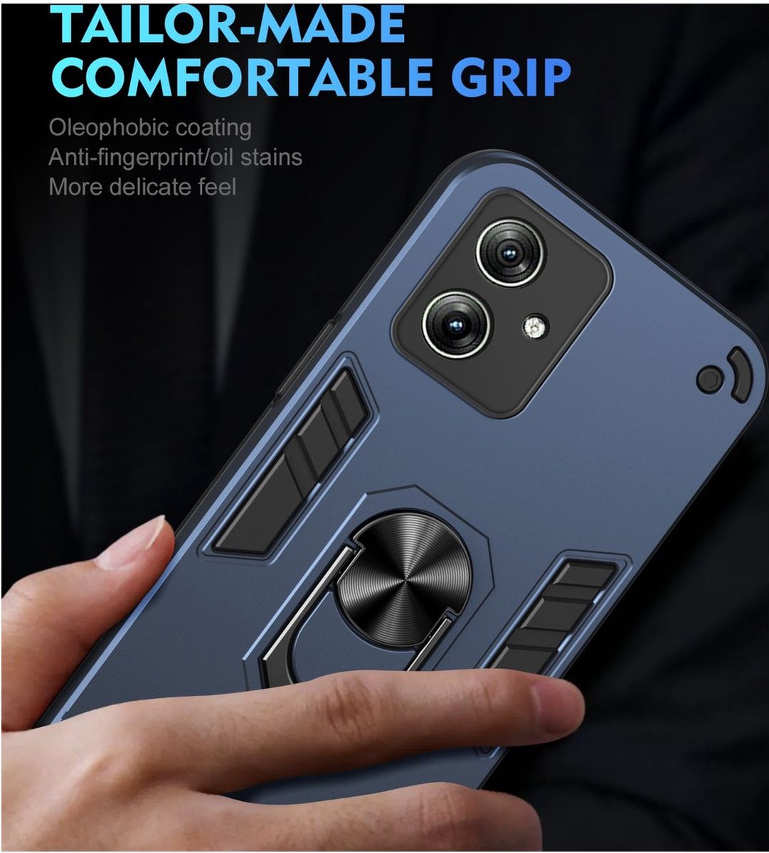 Mobigear Hoesje geschikt voor Motorola Moto G54 Telefoonhoesje Hardcase | Mobigear Armor Ring Backcover Shockproof met Ringhouder | Schokbestendig Moto G54 Telefoonhoesje | Anti Shock Proof - Blauw
