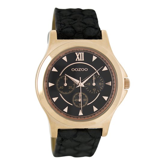 OOZOO Timepieces - Rosé goudkleurige horloge met zwarte leren band - C6574