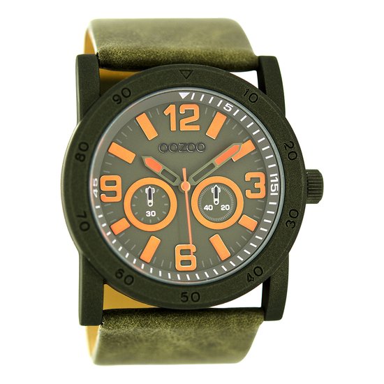 OOZOO Timepieces - Zwarte horloge met donker groene leren band - C8307