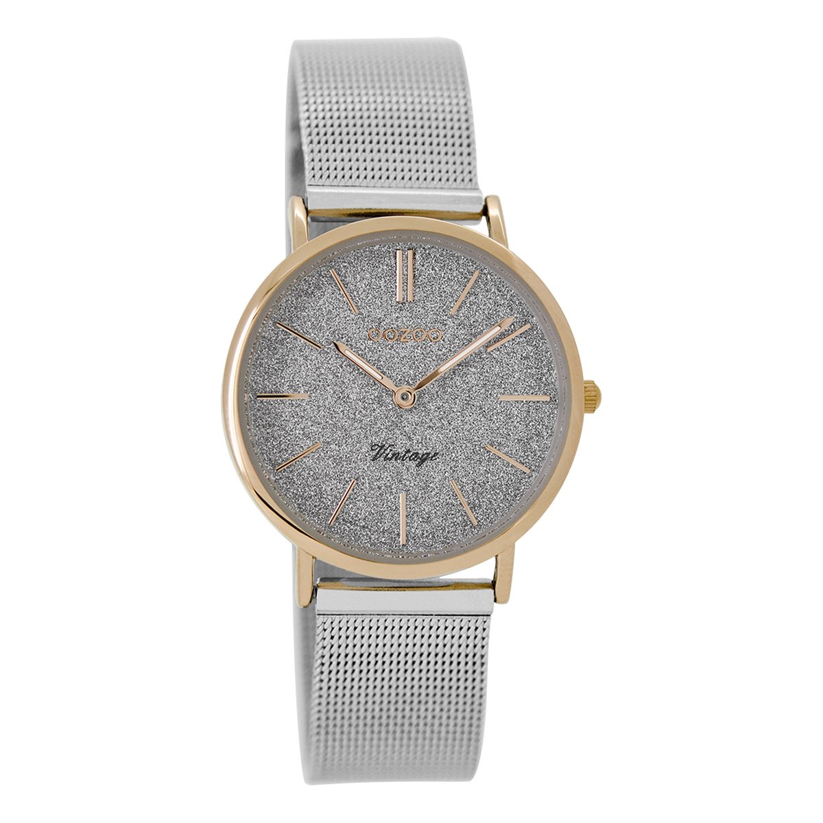 OOZOO Timepieces - Rosé goudkleurige horloge met zilverkleurige metalen mesh armband - C8838